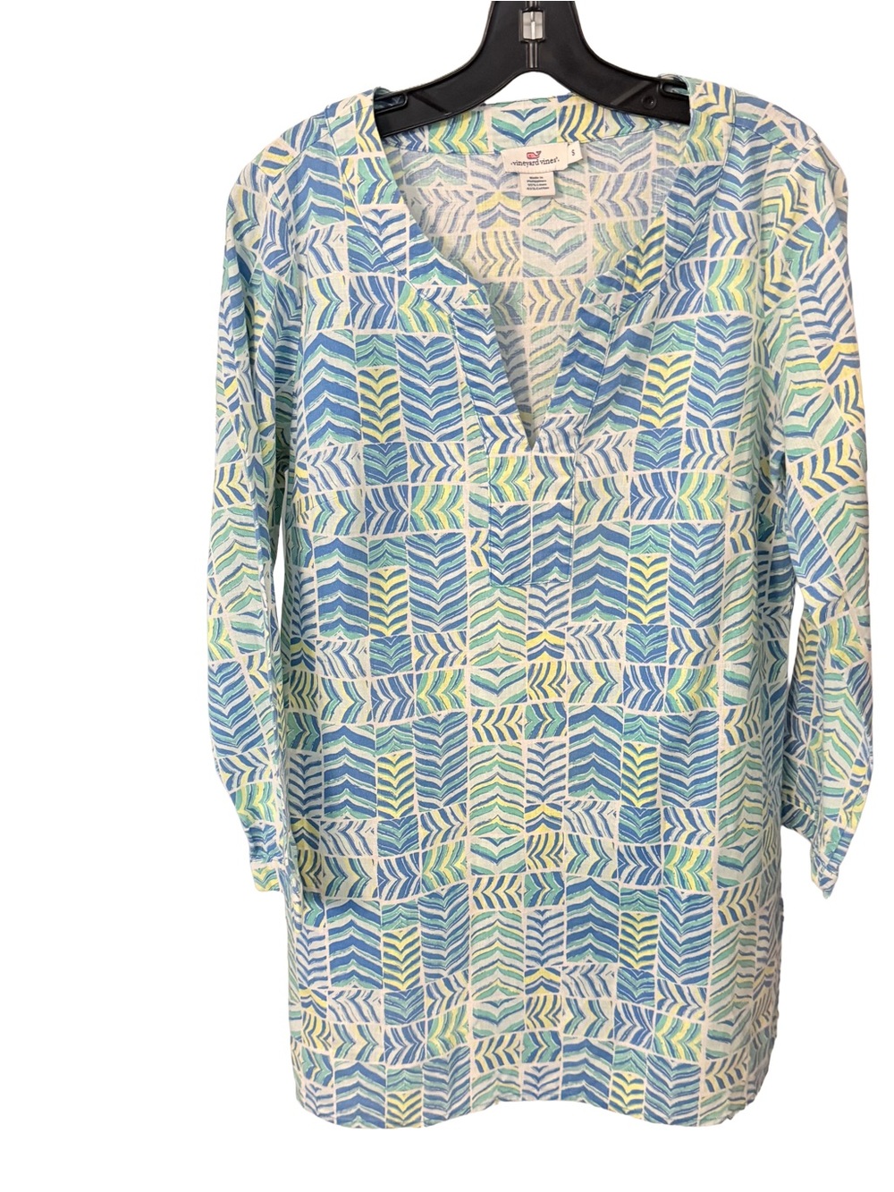 Vineyard Vines Linen Blend Split Neck Tunic Top Green, Yellow & Blue Sz Small
